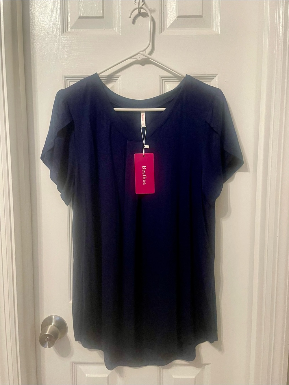 Navy Short-Sleeve Women's Blouse - Lightweight V-Neck Top